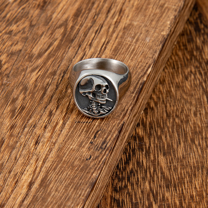 Vintage Embossed Skull & Dagger Round Signet Ring, S925 Silver Antiqued Dark Punk Wide Band For Men