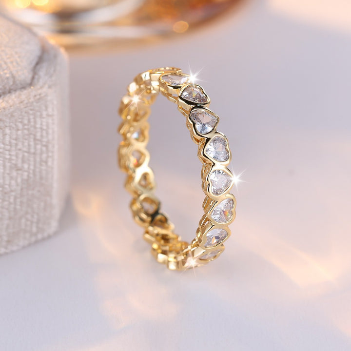 Full Eternity Heart Bezel Set Ring, Continuous Heart Shape All Around Diamond Band Gold Silver Romantic Stacking Jewelry For Women
