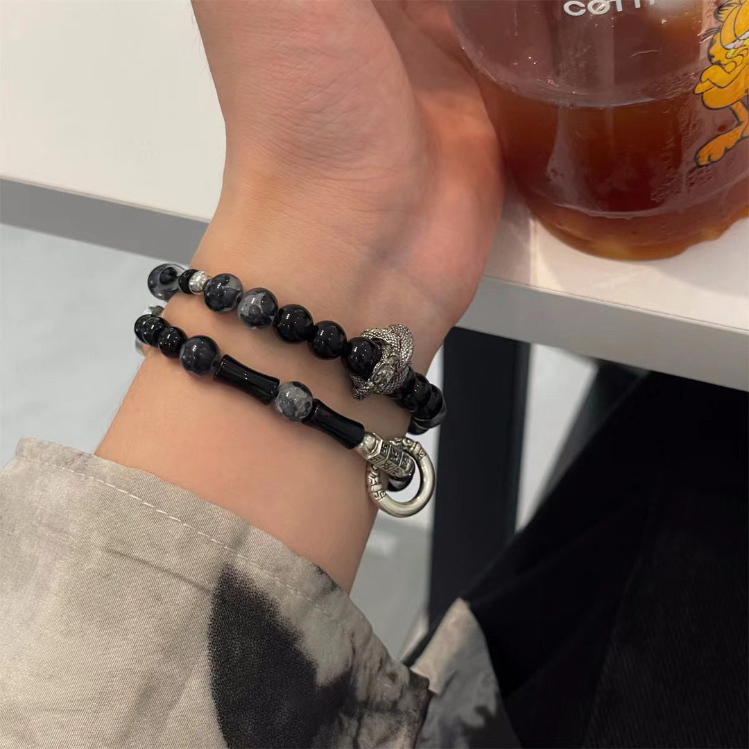 Black Onyx Bamboo Joint Double-Layer Beaded Bracelet (Men's Dark Style Jewelry)