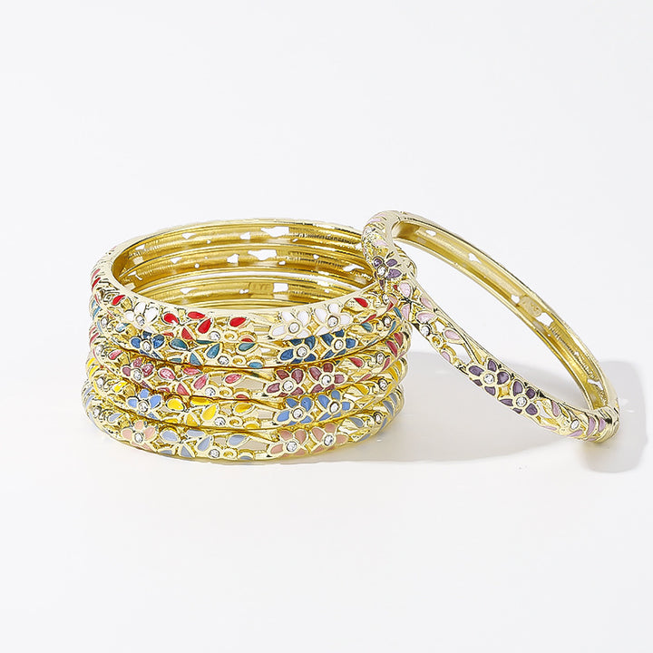 Hollow‑Out Enamel Floral Inlaid Diamond Spring‑Opening Bangle, Multi‑Color Options