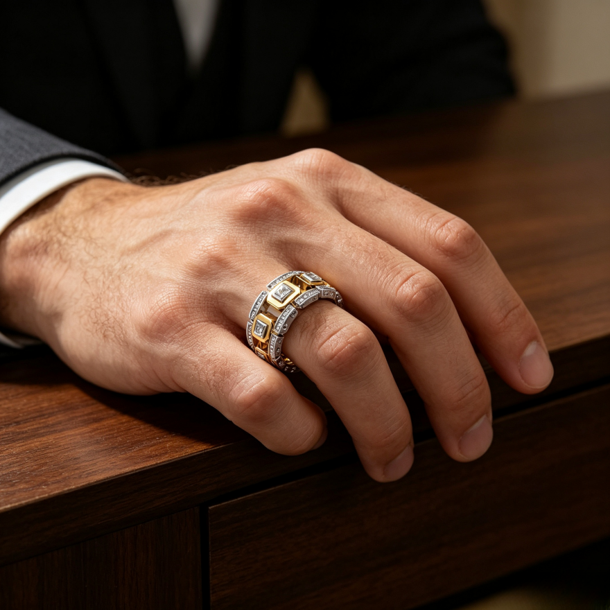 Two-Tone Linked Chain Hollow Full Paved Diamond Wide Ring, S925 Silver Silver-Gold / Silver-Rose Gold Luxury Unisex Band