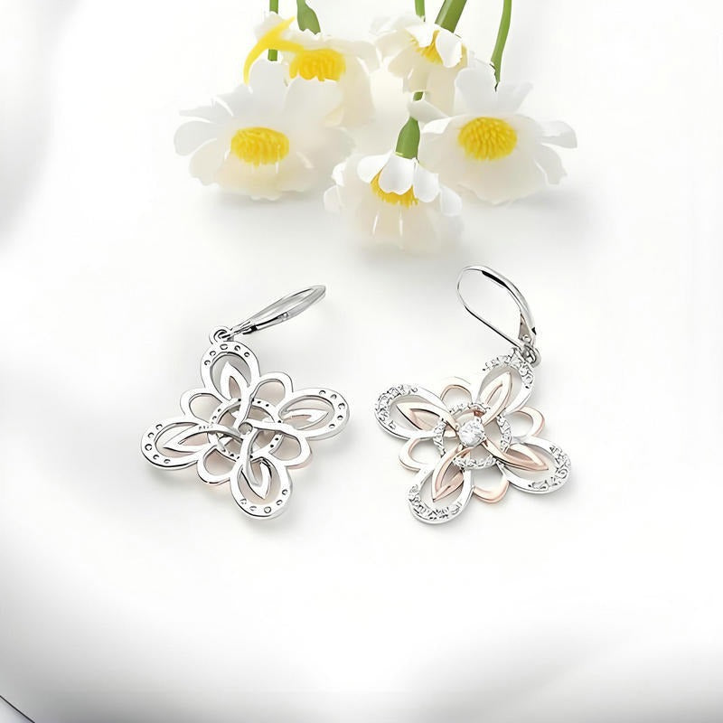 S925 Silver Two‑Tone Celtic Knot Flower Drop Earrings, Vintage Open‑Work Leverback Earrings for Women