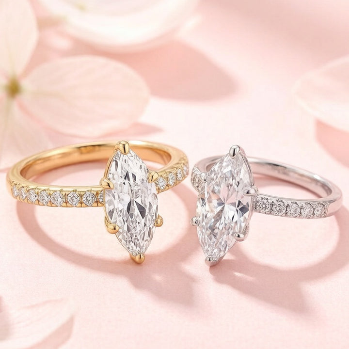 Marquise Cut Six-Prong Paved Thin Shank Ring, Gold & Silver Elegant Engagement Band for Women