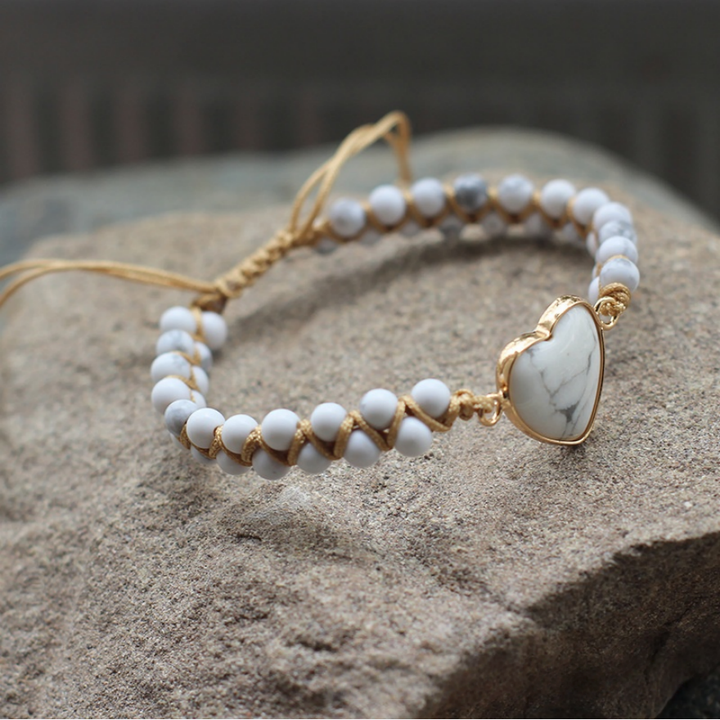 Heart Natural Stone Woven Adjustable Bracelet, Multi‑Color Boho Beaded Bracelet