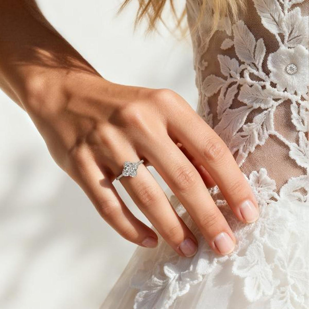 Four-Leaf Clover Pavé diamond Ring (Silver Tone Delicate Engagement Band)
