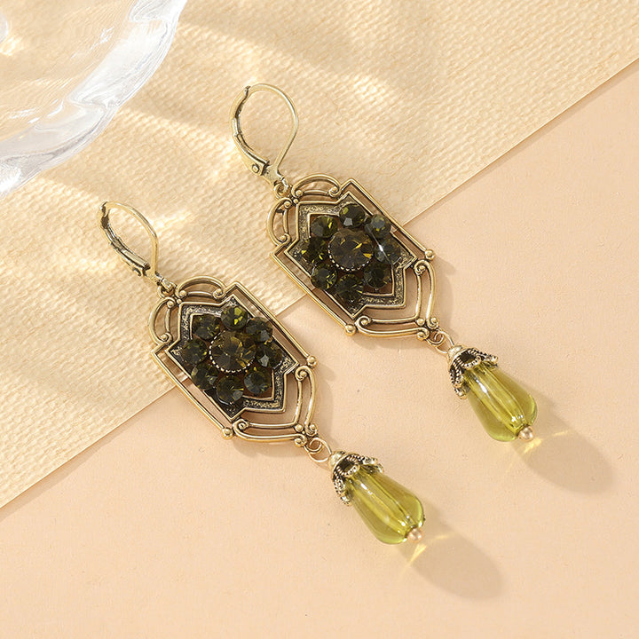 Vintage Bronze Hollow Green Diamond Teardrop Drop S925 Silver Leverback Earrings, European Classical Carved Long Dangle Earrings