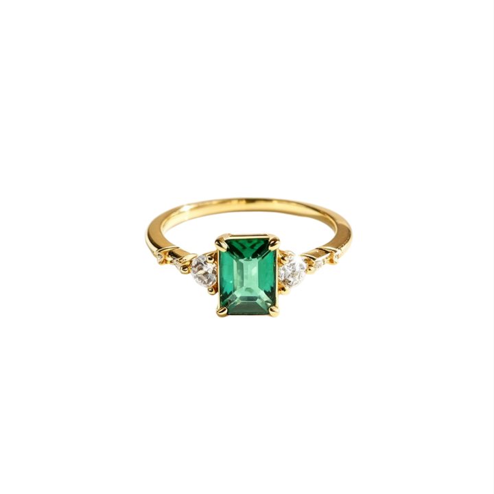 Emerald‑Cut Green Center Stone Three‑Stone Ring, Gold & Silver Two‑Tone Options