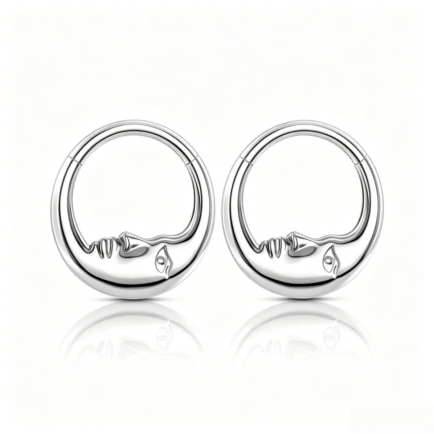 Moon Face Hoop Piercing Jewelry, European Artistic Clicker Nose Ring & Earring Sterling Silver  Body Piercing Accessory