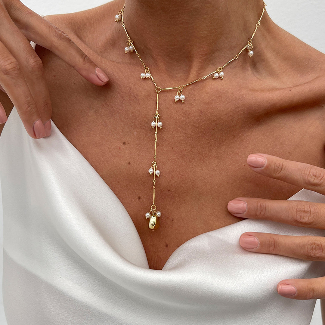 Dangling Pearl Y-Shaped Clavicle Necklace, Soft Multi Cluster Pearl Long Thin Chain