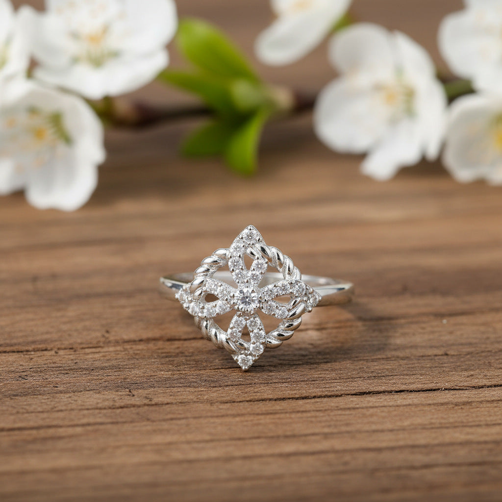 Twisted Rope Clover Diamond Open Ring (Delicate Luxury Statement Band)