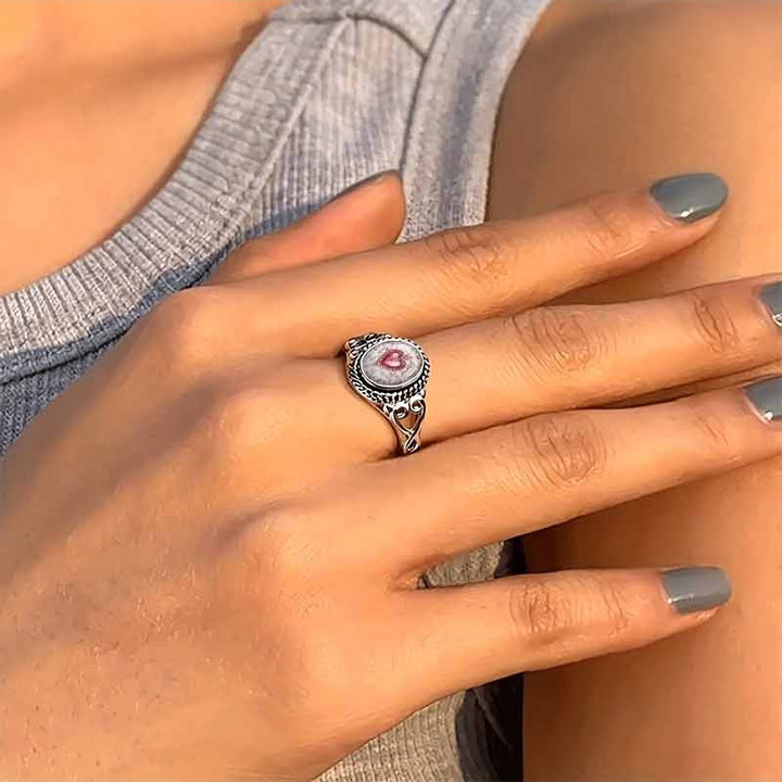 S925 Silver Vintage Heart‑Print Gemstone Ring, Openwork Scroll Pattern Unique Ring for Women