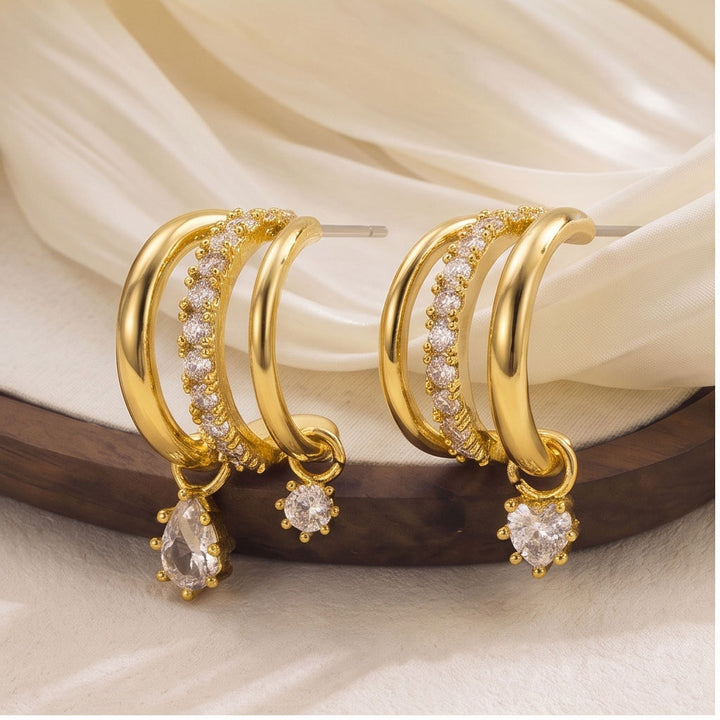 Three Layer C Hoop Earrings with Dual Charms S925 Silver Earrings, Luxury Multi-hoop Heart & Teardrop Diamond Earrings
