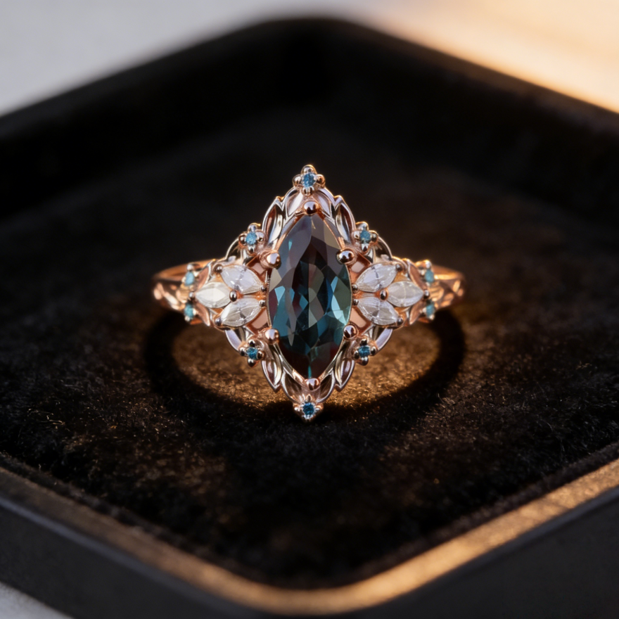 Marquise Cut Iridescent Gem Filigree Ring (Vintage Royal High-End Band)