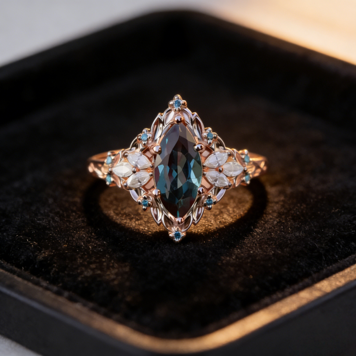 Marquise Cut Iridescent Gem Filigree Ring (Vintage Royal High-End Band)