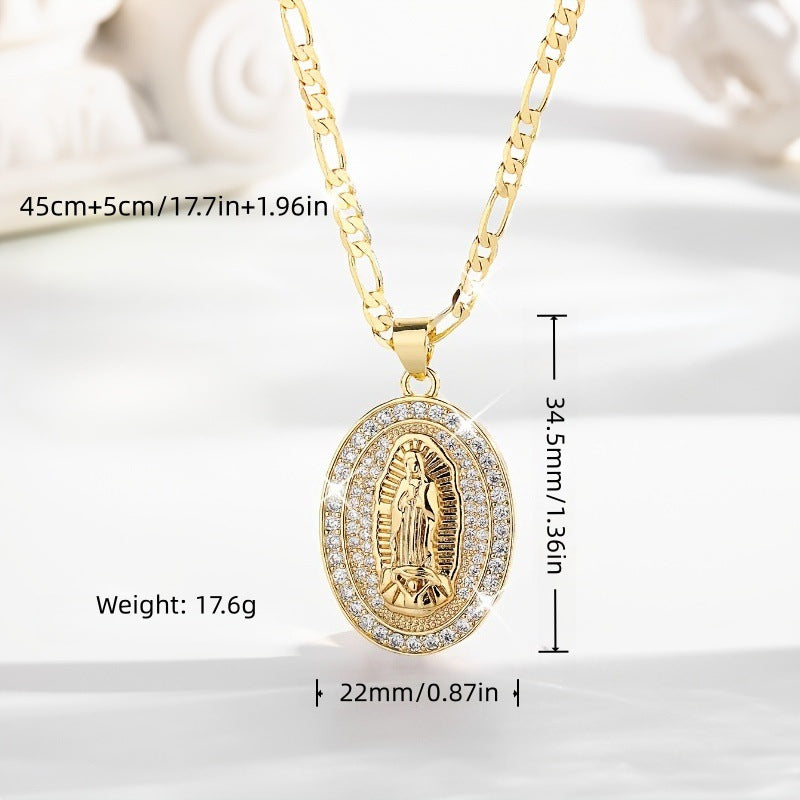 Oval Virgin Mary Diamond Pendant Necklace