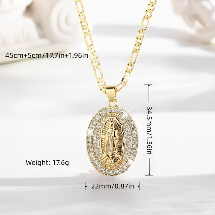 Oval Virgin Mary Diamond Pendant Necklace