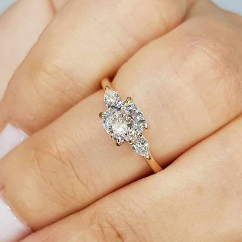 Three‑Diamond Cushion‑Cut Engagement Ring, Three‑Tone Plating Options