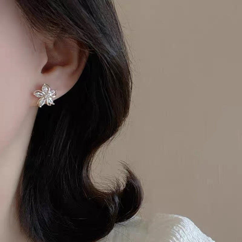 Hollow 5-Petal Flower Diamond Stud Earrings, Marquise Stone Floral Earrings, Gold & Silver Tone Minimal Flower Studs