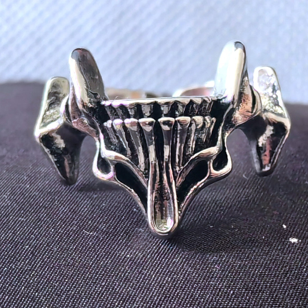 Split Half Skull Open Couple Ring Set, S925 Silver Antiqued Dark Alternative Adjustable Band Pair