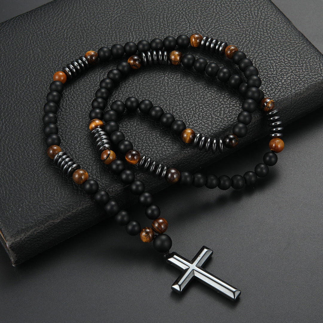 Matte Black Agate Cross Jewelry Set (Bracelet + Necklace)
