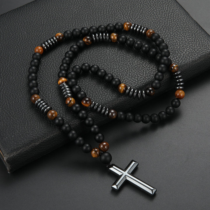 Matte Black Agate Cross Jewelry Set (Bracelet + Necklace)