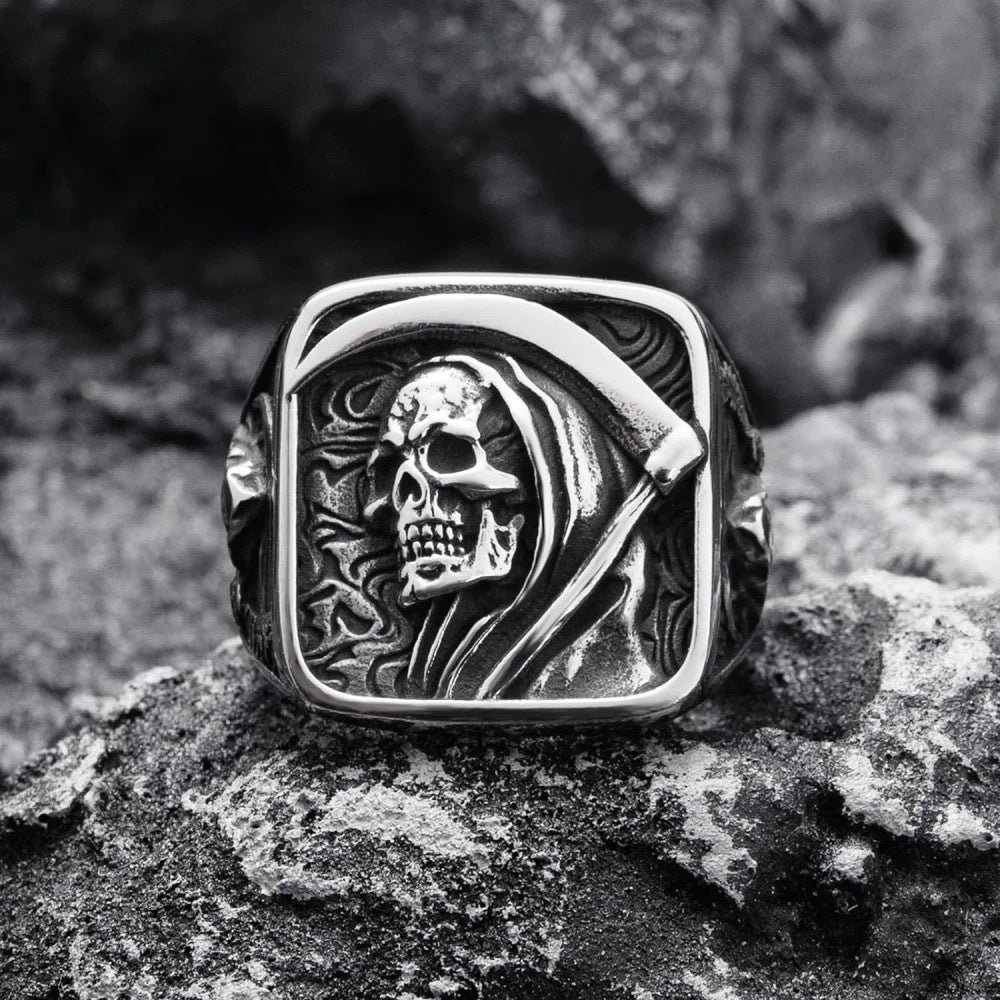 Vintage Grim Reaper Scythe Skull Embossed Signet Ring, S925 Silver Antiqued Dark Biker Wide Band For Men