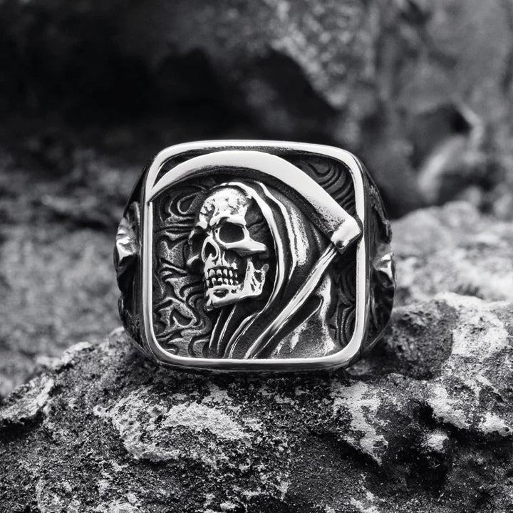 Vintage Grim Reaper Scythe Skull Embossed Signet Ring, S925 Silver Antiqued Dark Biker Wide Band For Men