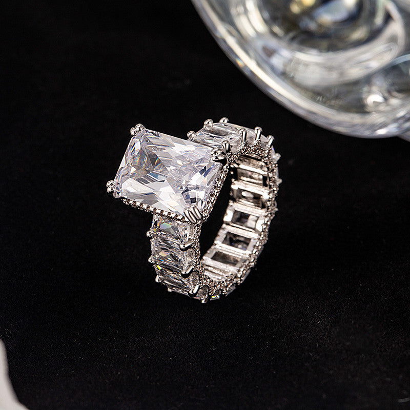Emerald Cut Center Stone 4 Prong Ring, Luxury Side Baguette Diamond Engagement S925 Silver Ring
