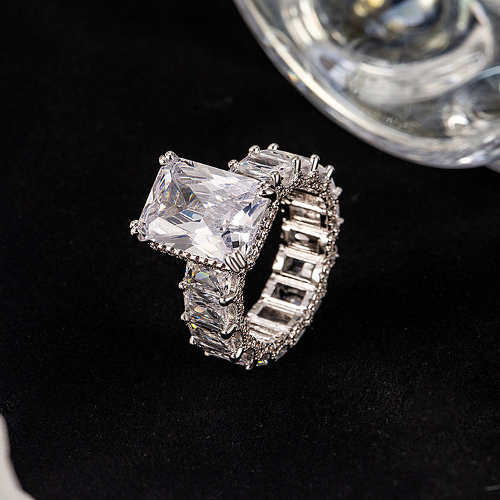 Emerald Cut Center Stone 4 Prong Ring, Luxury Side Baguette Diamond Engagement S925 Silver Ring
