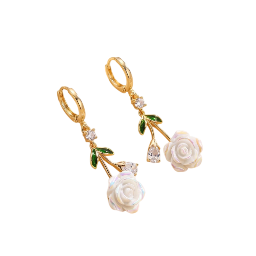 Iridescent White Rose Drop Huggie Earrings, French Fresh Green Leaf Diamond S925 Silver Long Earrings