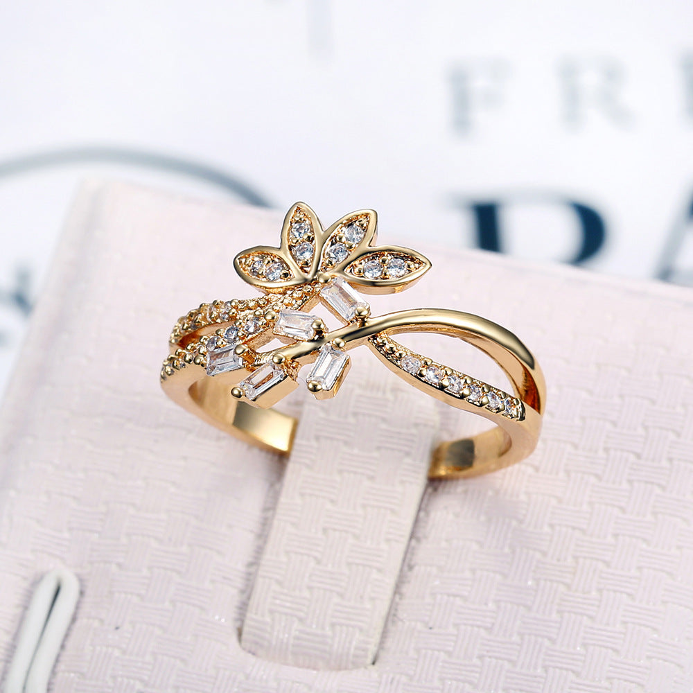 Gold Floral Branch Diamond S925 Silver Ring