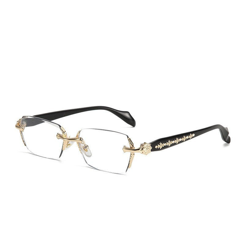 Carved Metal Rimless Business Glasses, Gold & Silver Luxury Beveled Optical Eyeglass Frame