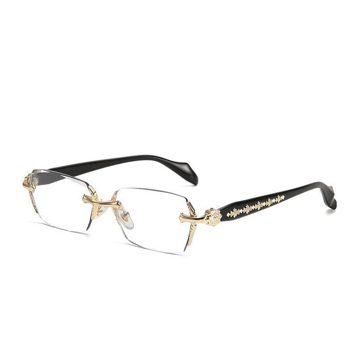 Carved Metal Rimless Business Glasses, Gold & Silver Luxury Beveled Optical Eyeglass Frame