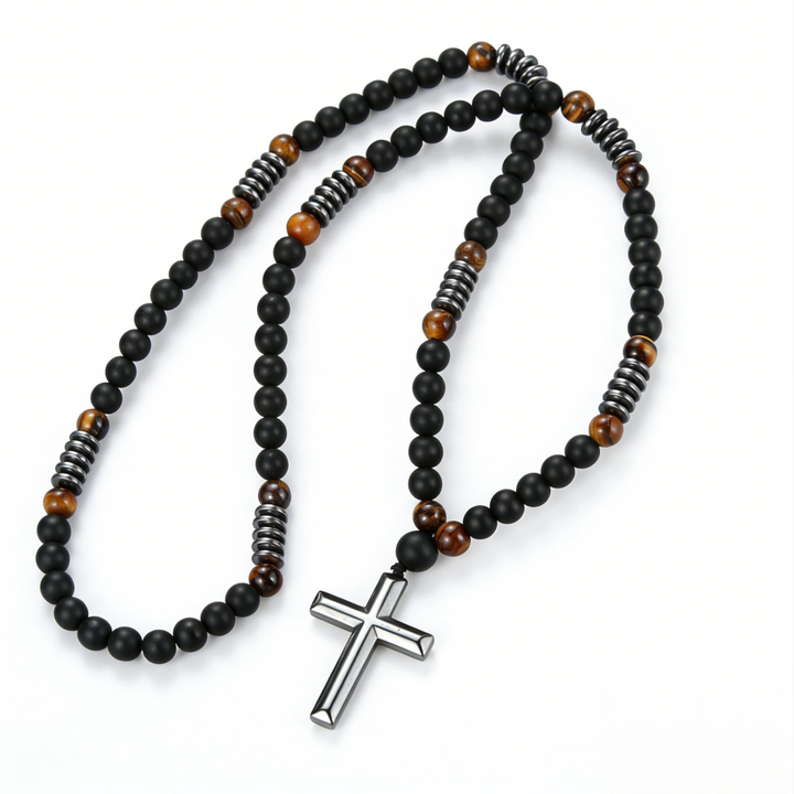 Matte Black Agate Cross Jewelry Set (Bracelet + Necklace)