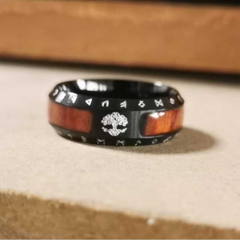Norse Viking Tree of Life Rune Wood Inlay Ring, S925 Silver Antiqued Multi-Color Unisex Couple Band