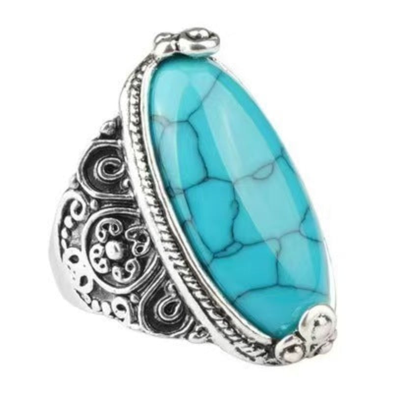 Ethnic Oval Veined Stone Antiqued Wide Ring, Solid S925 Silver 3-Color Turquoise Pattern Band