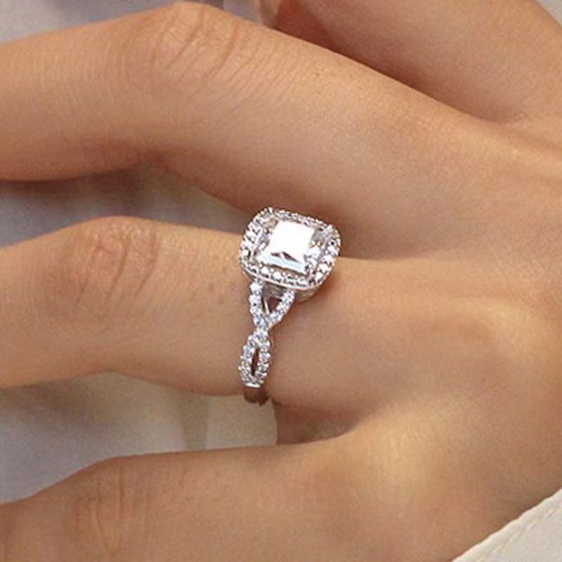 Square Center Diamond Halo Paved Ring, Luxury Twisted Split Shank Engagement Promise Ring for Women