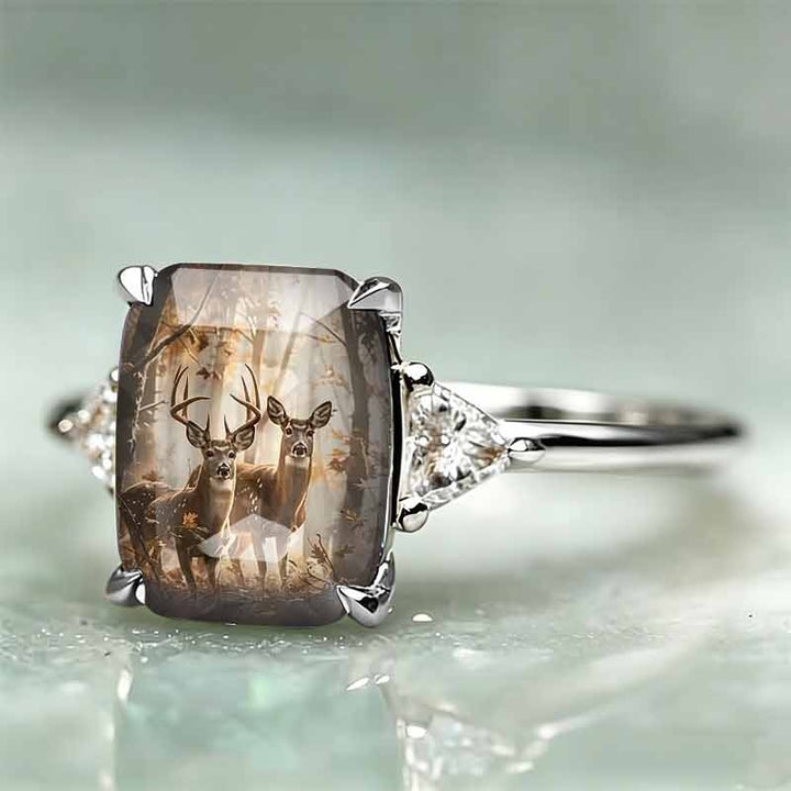 S925 Silver Square Forest‑Deer Pattern Center Stone Ring, Women Slim Band Accented With Trillion‑Cut Diamond