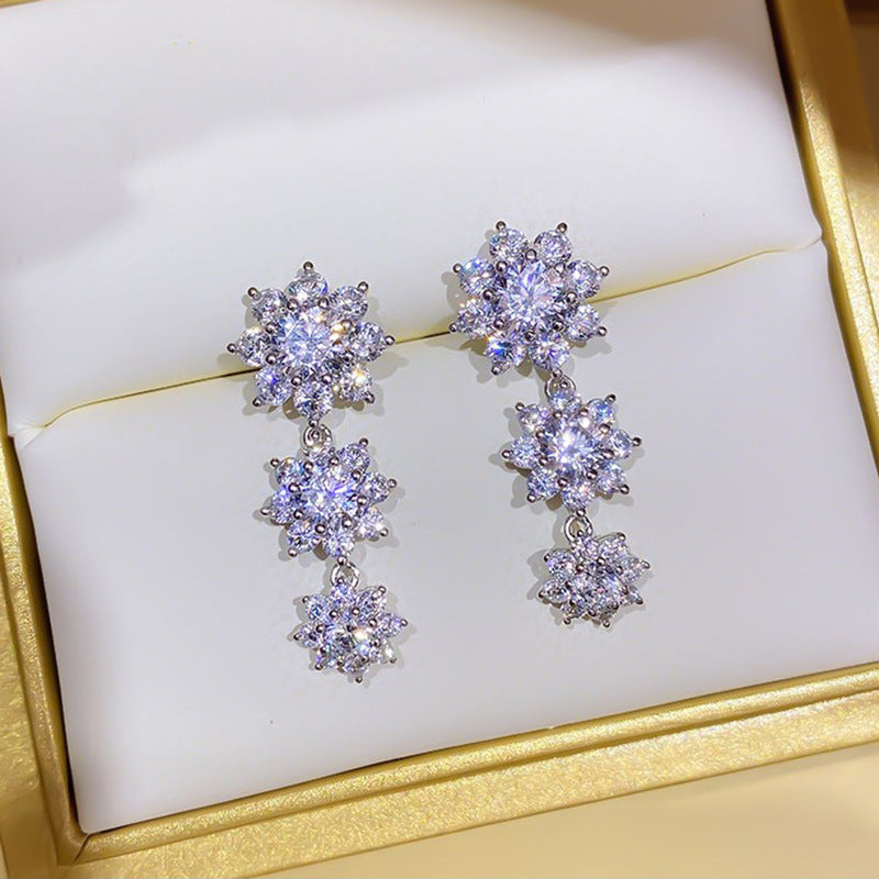 Three-Tier Snowflake Cluster Diamond Long S925 Silver Dangle Earrings, Gorgeous Full Stone Drop Earrings for Banquet