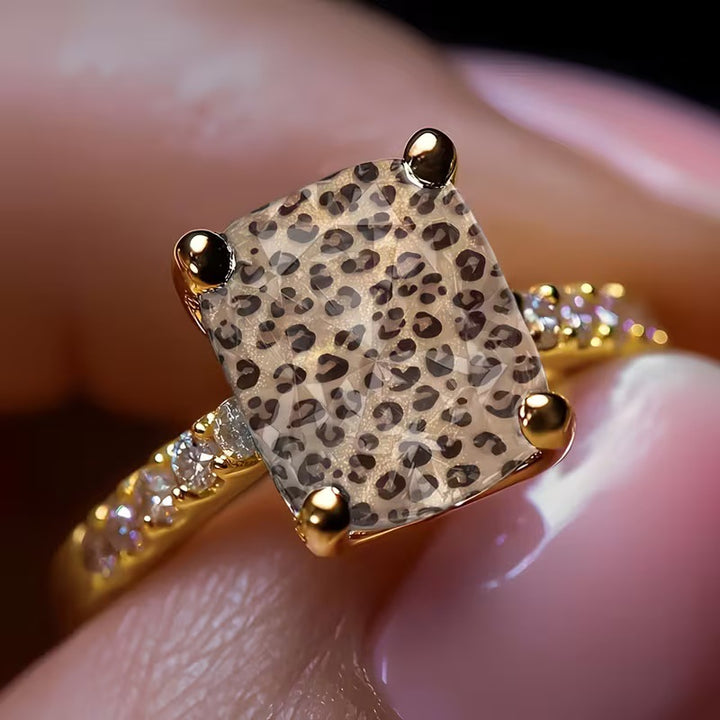 Luxury Glitter Leopard Print Rectangle Stone Pave Band Ring, Solid S925 Silver Gold-Plated Trendy Unique Band for Women