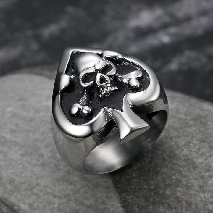 Spade Skull S925 Silver Ring, Vintage Skull & Crossbones Punk Biker Ring