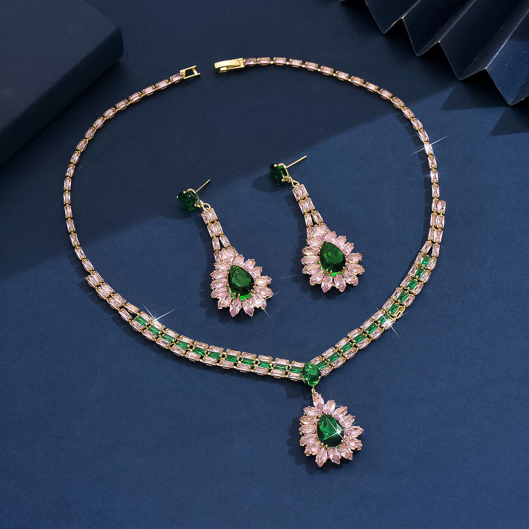 S925 Silver Pink & Green Diamond Necklace and Earring Set, Luxury V-shaped Colored Diamond Jewelry 2-Piece Set for Banquet