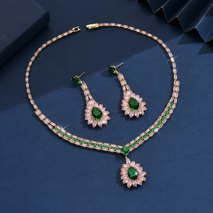 S925 Silver Pink & Green Diamond Necklace and Earring Set, Luxury V-shaped Colored Diamond Jewelry 2-Piece Set for Banquet
