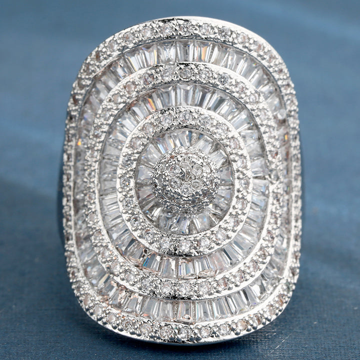 Multi-Layer Baguette Diamond Square Ring, European Royal Heavy Paved Statement Ring for Women