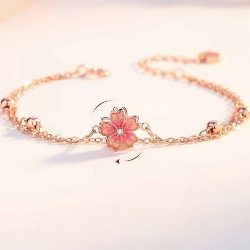 Rotatable Peach‑Blossom 4‑Piece Jewelry Set, Rose‑Gold Tone