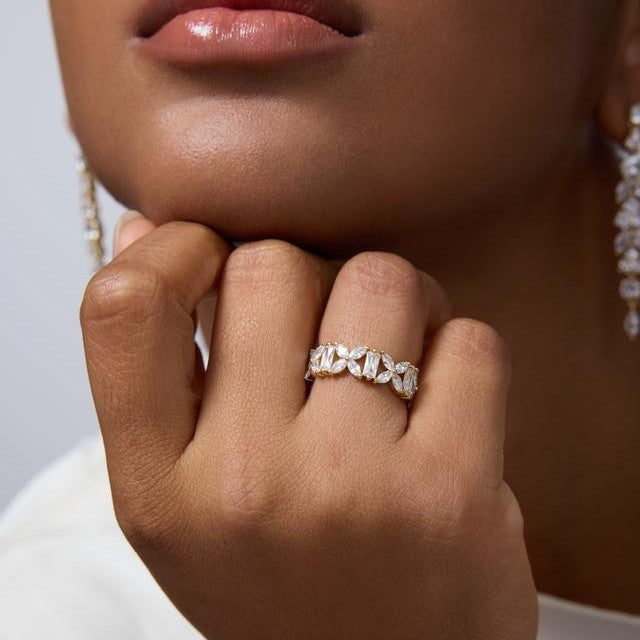 Marquise & Baguette Alternate Flower Full Eternity Ring, Open Clover Diamond Band Gold Silver Luxury Women Statement Jewelry