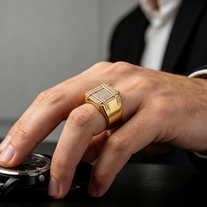 Paved Grid Square Wide Signet Ring, S925 Silver 14K Gold Plated Heavy Luxury Unisex Statement Band