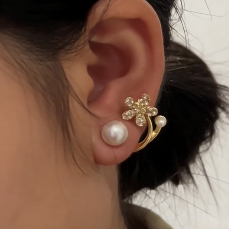 Back-Drop Pearl & Pavé Flower Earrings (Luxury Gentle Delicate Earrings)