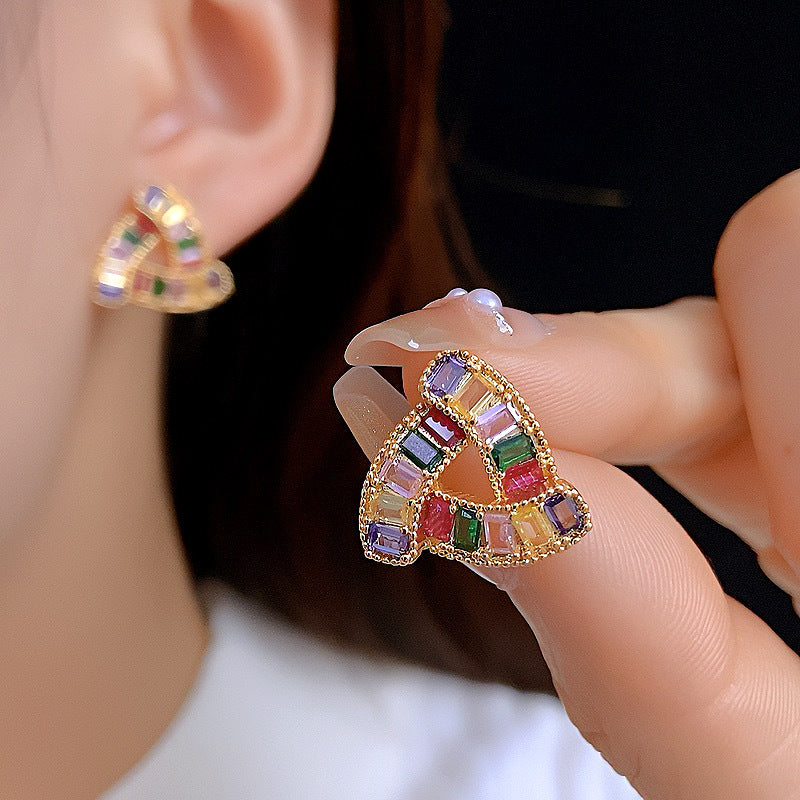 Colorful Diamond Triangle Hollow Stud Earrings, Gold & Silver Tone Rainbow Crystal Jewelry