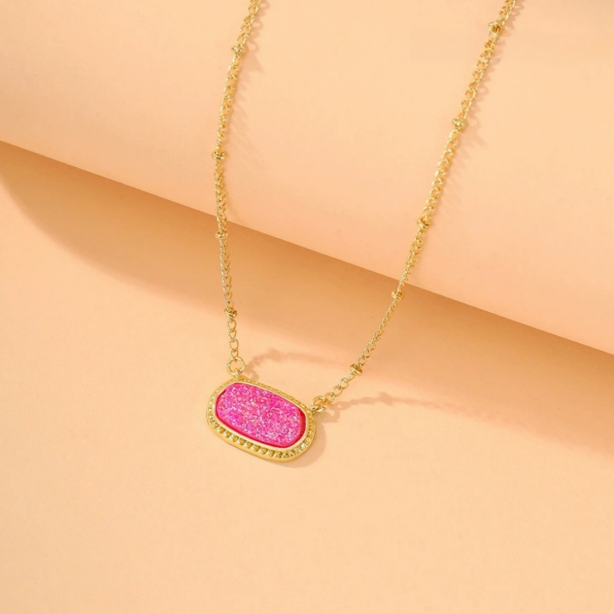Rectangular Druzy Crystal Pendant Necklace, 14K Gold & Silver Dainty Satellite Chain, Sparkly Crushed Crystal Trendy Necklace, Multiple Colors Available